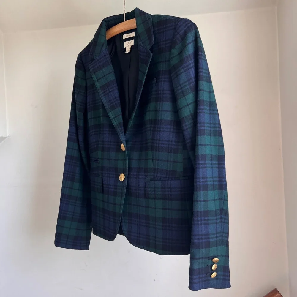J. Crew Schoolboy‎ Blazer Size 4 Black Watch Plaid Navy Green Gold Button Jacket